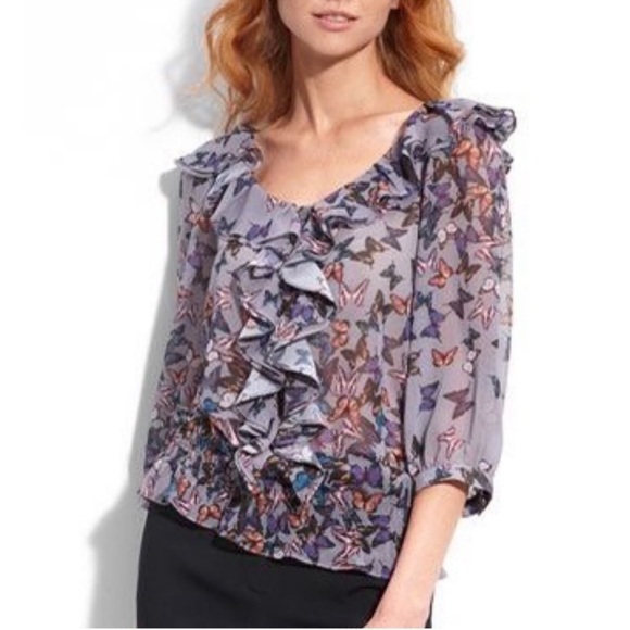 Ted Baker Gray Ruffled Smocked Butterfly Blouse Size 3 - Picture 1 of 8